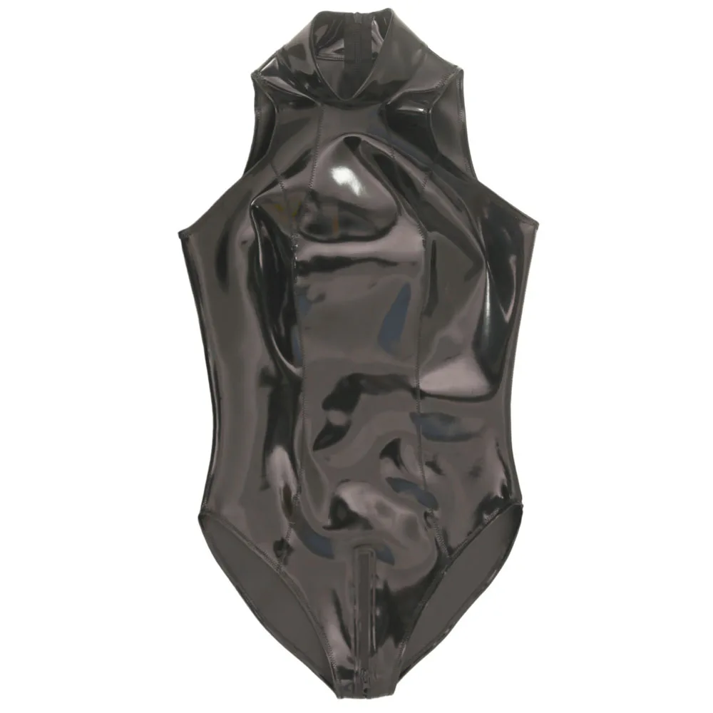 S-4XL Double Sided PU Swimsuit Sleeveless Wet Look PVC Catsuit Zipper Open Crotch Bodysuit Tights Hot Sexy Cosplay Maid Leotard