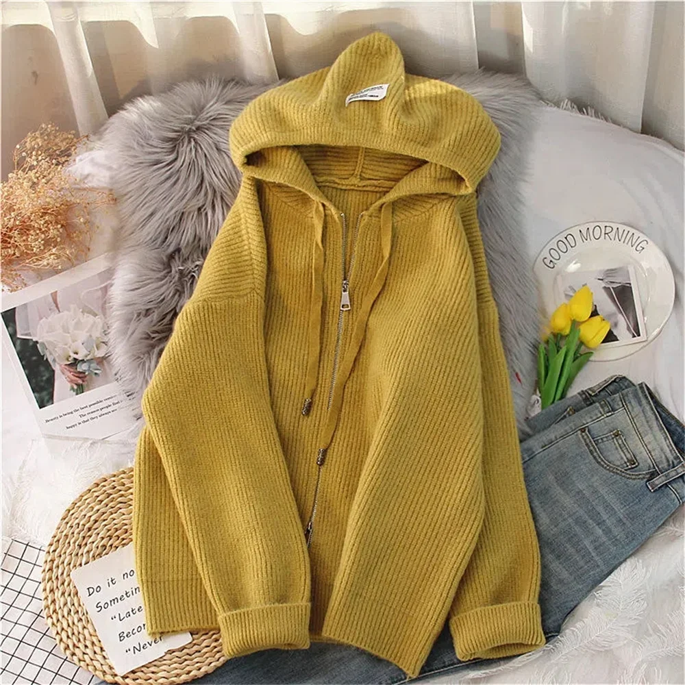 2024 Autumn And Winter New Clothing Fashion Thick Solid Color Hooded Cardigan Zipper Coat Sweater Women\'s Loose Top Thickened