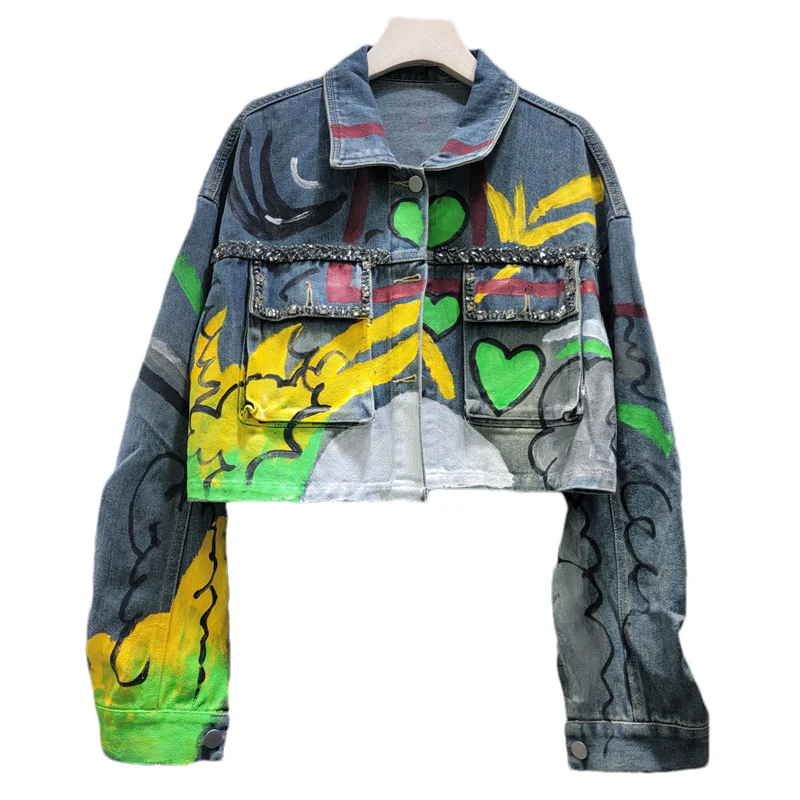 

Diamonds Graffiti Print Long Sleeve Denim Jacket Women Loose Short Cowboy Outerwear Streetwear Fashion Jeans Jacket Coat Female