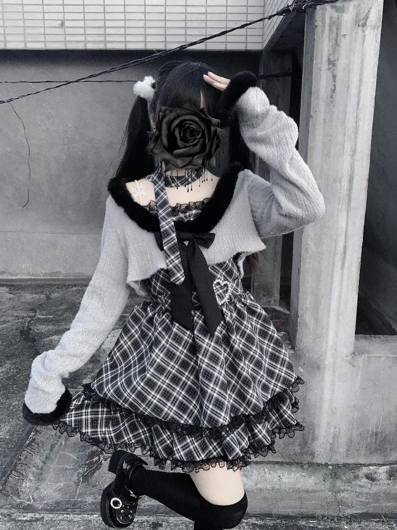 Outono inverno novo estilo japonês rojita sc jaqueta produzida em massa camisolas vestido e camisola conjunto de 2 peças roupas kawaii