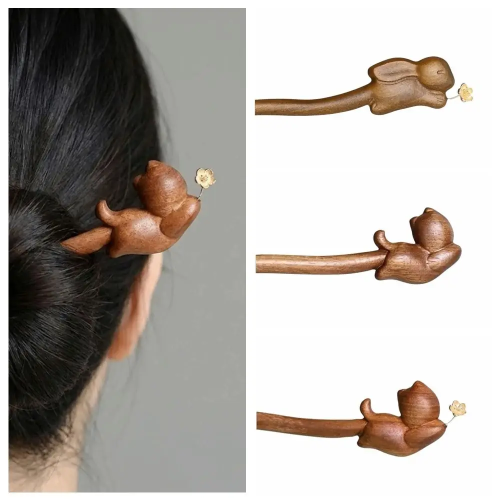 

Cartoon Sandalwood Hair Stick Wooden Chinese Style Wooden Cat Hair Stick Ancient Style Cheongsam Hair Chopstick Hanfu Hair Clip