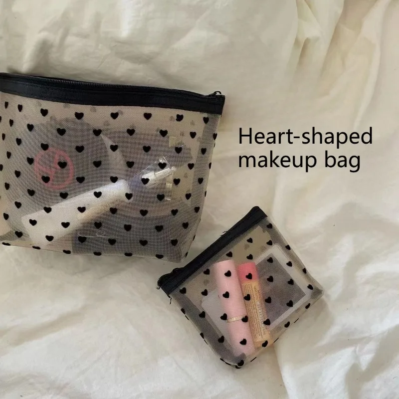 Heart Flocked Mesh Cosmetic Bag Large Capacity Breathable Zipper Closure Portable Multi-Function Storage Bag for Students