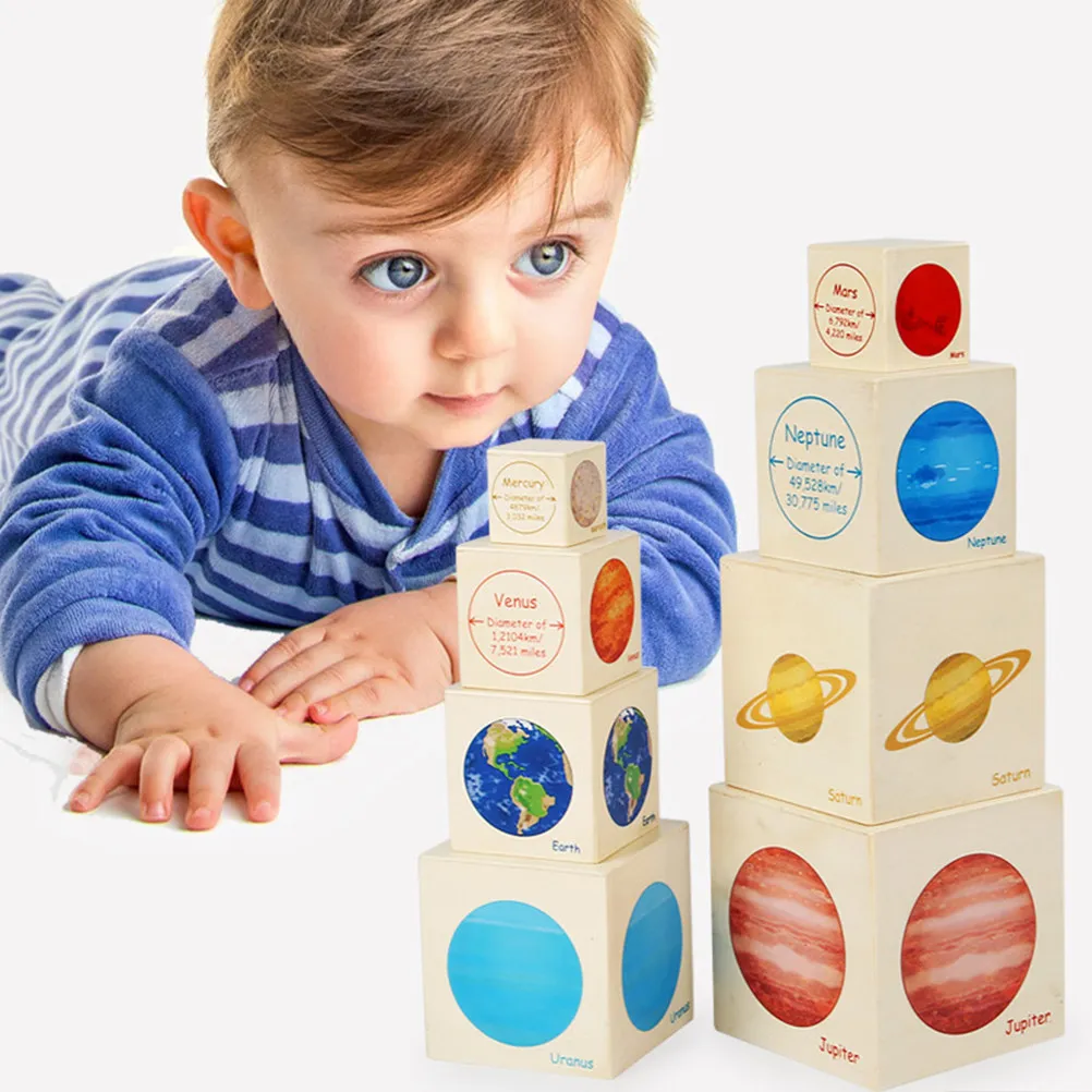 1Set Eight Planet Stacking Box Educational Wooden Solar System Game Interactive Baby Cognitive Stacker Fun Learning Set