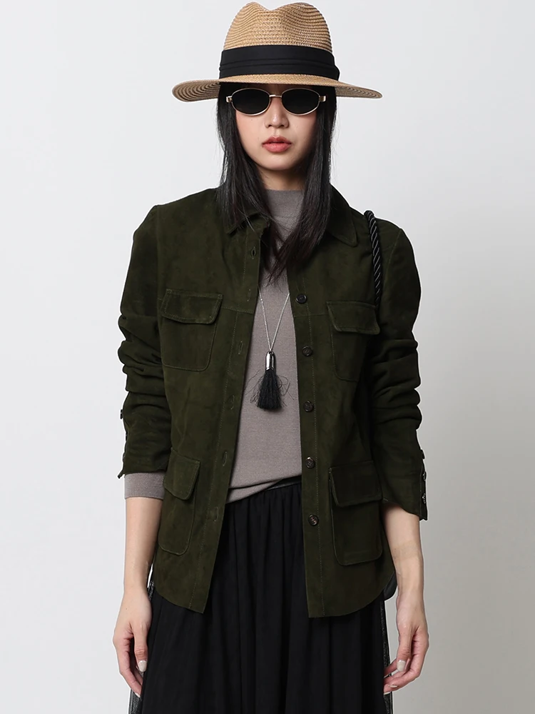 

Casual Genuine Leather Shirt Jackets for Women Spring Autumn 2026 New High-end Simple Vintage Slim Real Sheepskin Suede Coat