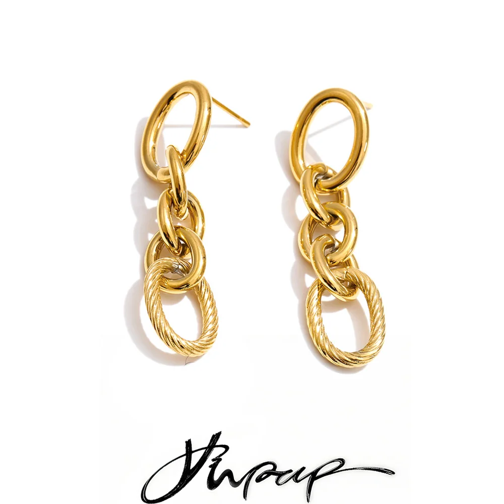 Boucles d'oreilles pendantes rondes superposées en acier inoxydable Yhpup pour femmes, bijoux polyvalents, modernes, résistants à l'eau, vente en gros