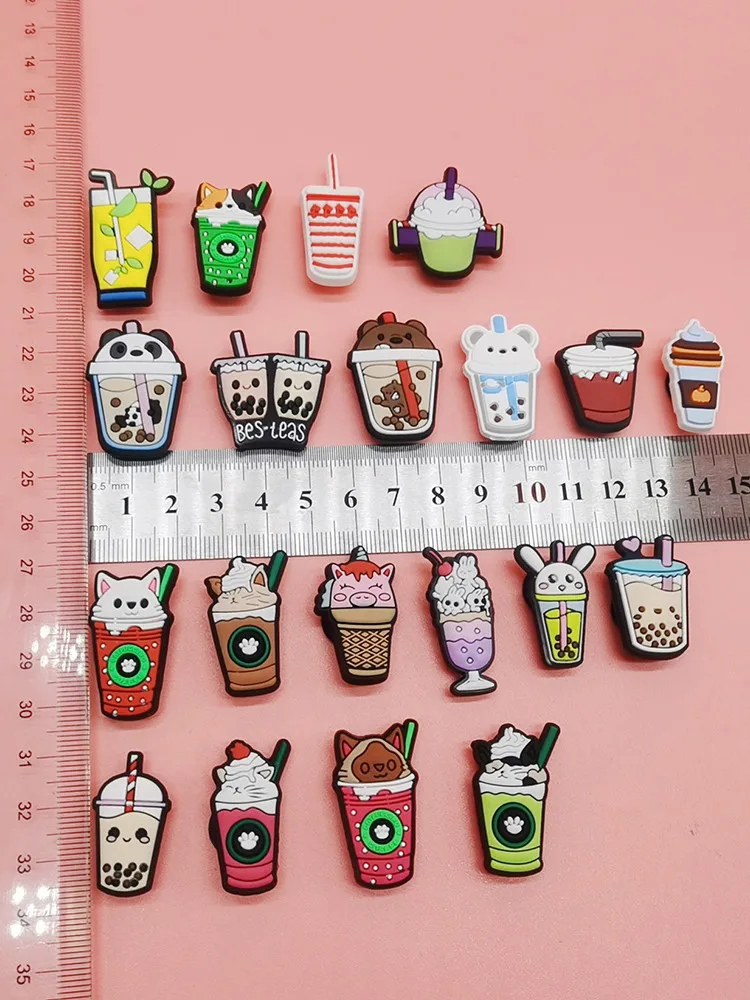 Kawaii Milk Tea Drink Shoe Charms accessori fibbia in PVC decorazioni donna Clog Decor Fit bracciale Adult Kids regali per feste di natale