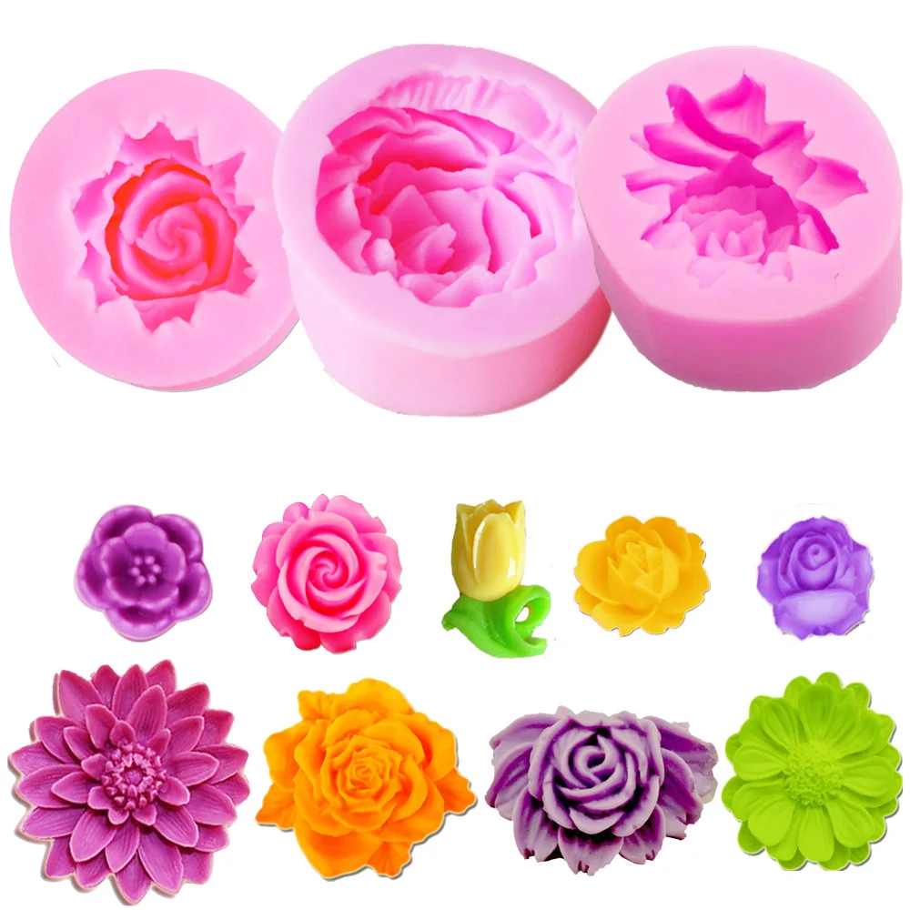 Kinds Reusable Flower Bloom Rose Molds Silicone Fondant Soap 3D Cake Cupcake Jelly Candy Chocolate Decoration Tool Mould F1062