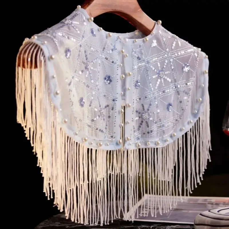 

Женская роскошная винтажная вышивка с жемчугом и бисером, пашмина, женская осенне-зимняя китайская винтажная шаль с воротником R2736