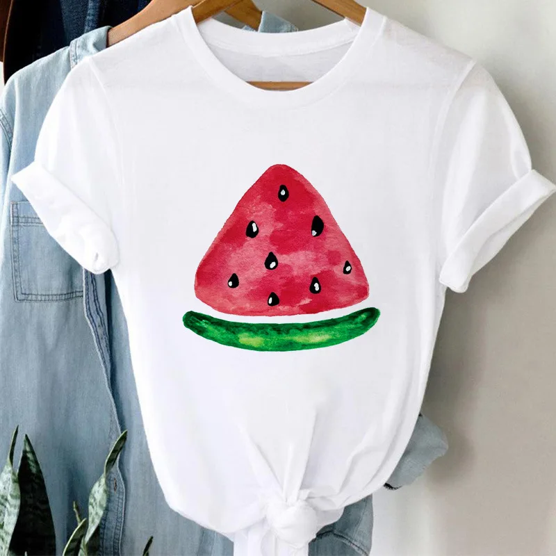 Women Watercolor Watermelon Graphic T‑Shirt Cute Summer Fruit Print O‑Neck Short Sleeve Tee Casual Holiday Beach Female Tops