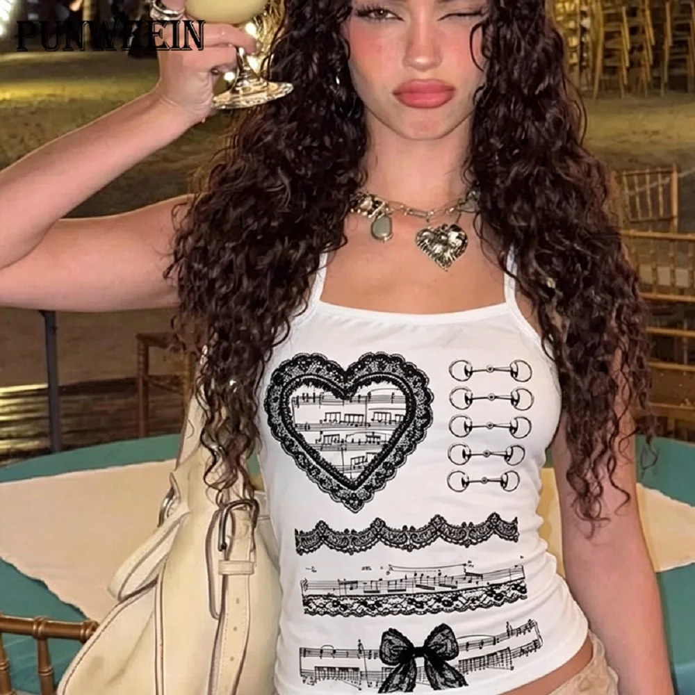 Women Y2K Lace Heart Music Note Print Cami Tank Top Sleeveless Slim Vintage Gothic Summer Ladies Camisole Vest