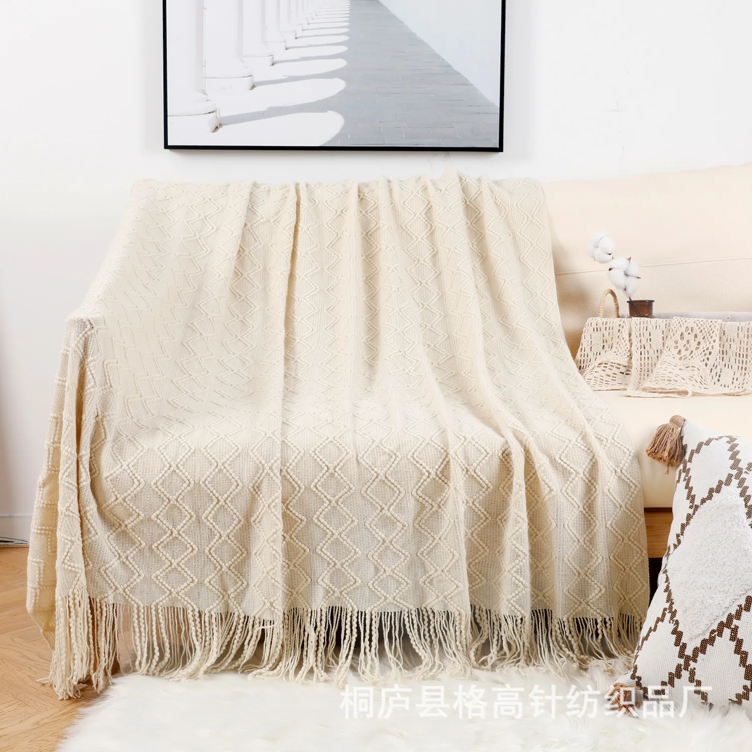 

Nordic Tassel Knitted Diamond Plaid Throw Blanket for Sofa Couch Bed Winter Decor Bedspread Coverlet Oversized Queen King XL XXL
