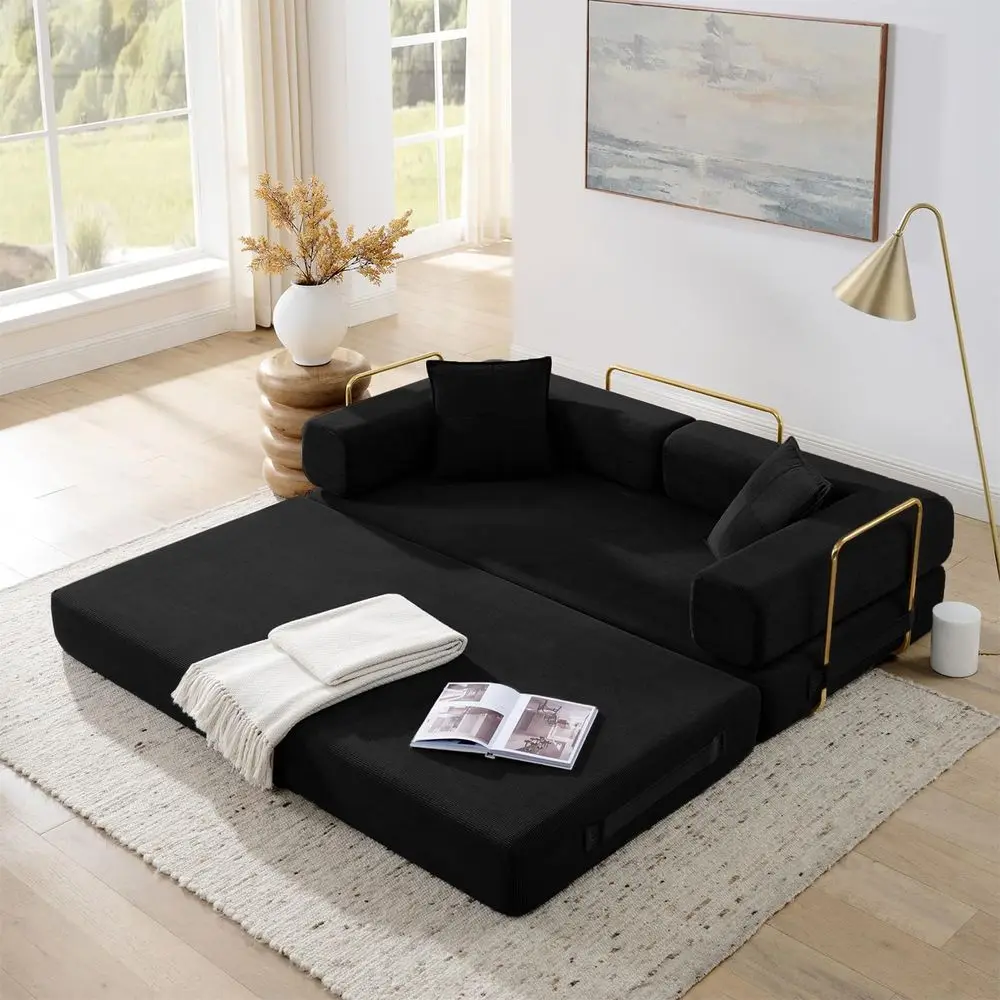 

Convertible Sofa Bed, 78 Couch with Mixed-Shape, Corduroy Loveseat Sleeper, Floor Sofa for Living Room or Bedroom Lounge (Black)