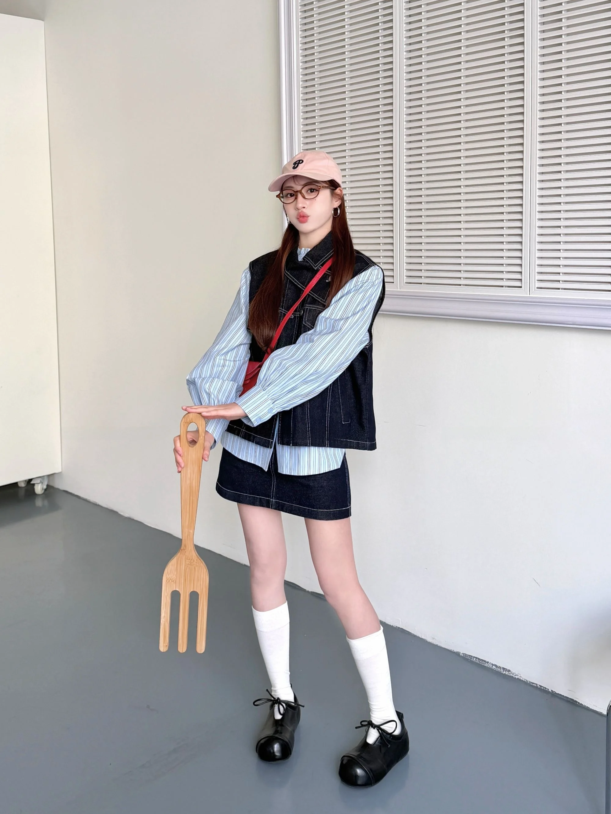 

Spring New Blue Stripes irt Denim Vest ort Skirt Tee-piece Set Women's Regular Length Cotton Long Sve Button up Faion