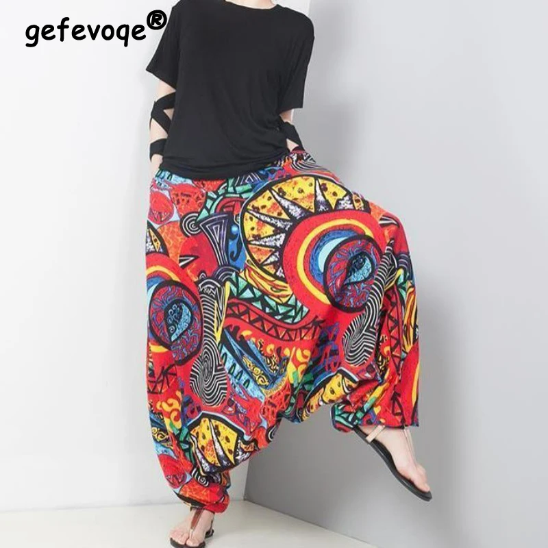 Women Clothing Summer Vintage Ethnic Style Print Streetwear Y2K Baggy Harem Pants Female Harajuku High Waist Oversize Pantalones