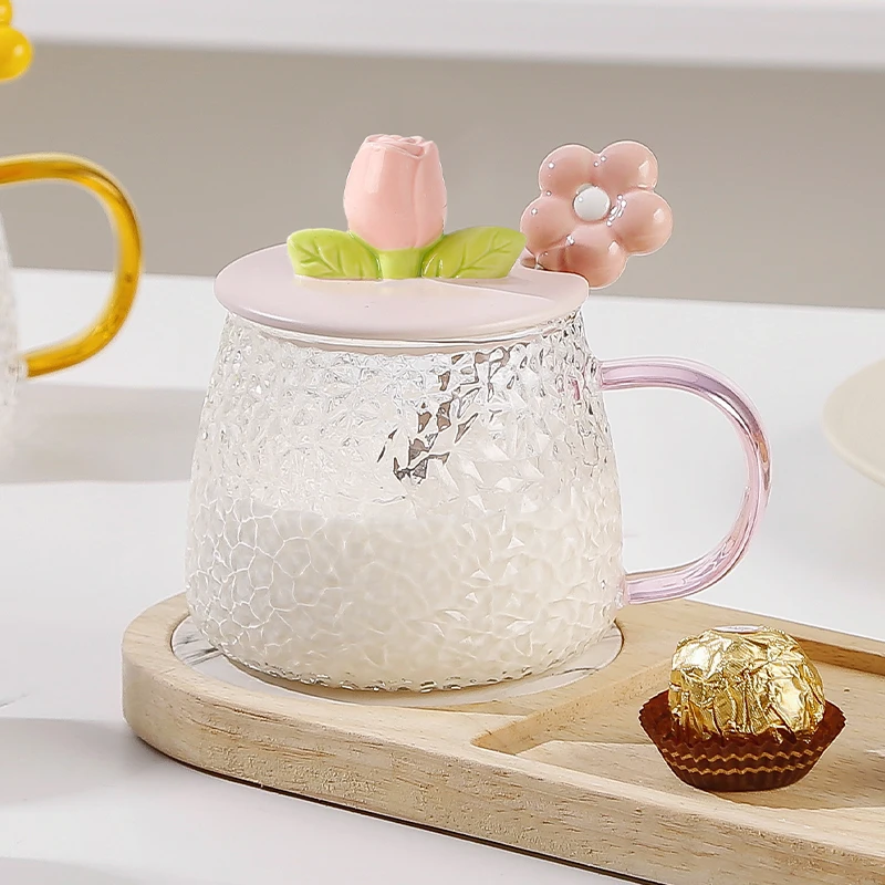 

Creative Cute Flower Hammer Pattern Glass Cups Large Capacity Breakfast Milk Mug Tulip Heat-Resistant Girl