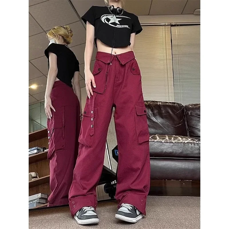 SuperAen Street Burgundy Overalls Women's high Street Sweatpants Wide Legs pants