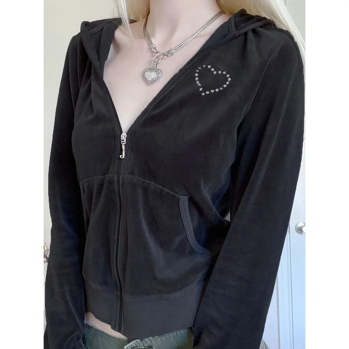 سترة صوفية بغطاء للرأس Y2K باللون البني، سترة طويلة بسحاب للنساء، ملابس خارجية مريحة كاجوال