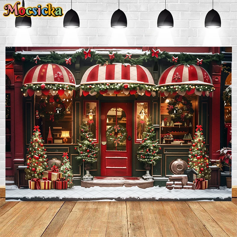 Mocsicka Christmas Store Front Backdrops Kids Adult Photography Child Adult Photocall Xmas Trees Snowy Street Backgrounds