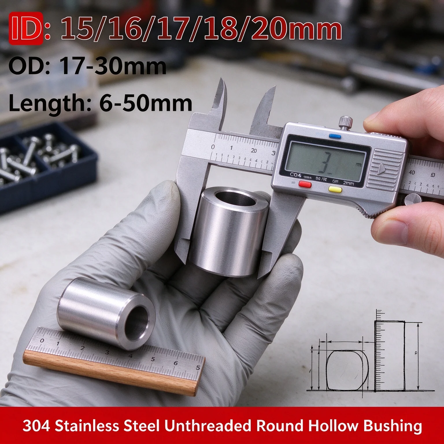 304 Stainless Steel Bushing Washer Gasket Unthreaded Round Hollow Standoff Spacer Sleeve OD 17-30mm Inner Dia 15/16/17/18/20mm