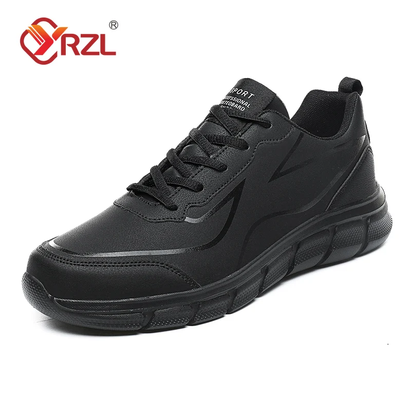 YRZL-Zapatillas deportivas impermeables de cuero para hombre, zapatos deportivos cómodos para caminar, resistentes al desgaste, color negro