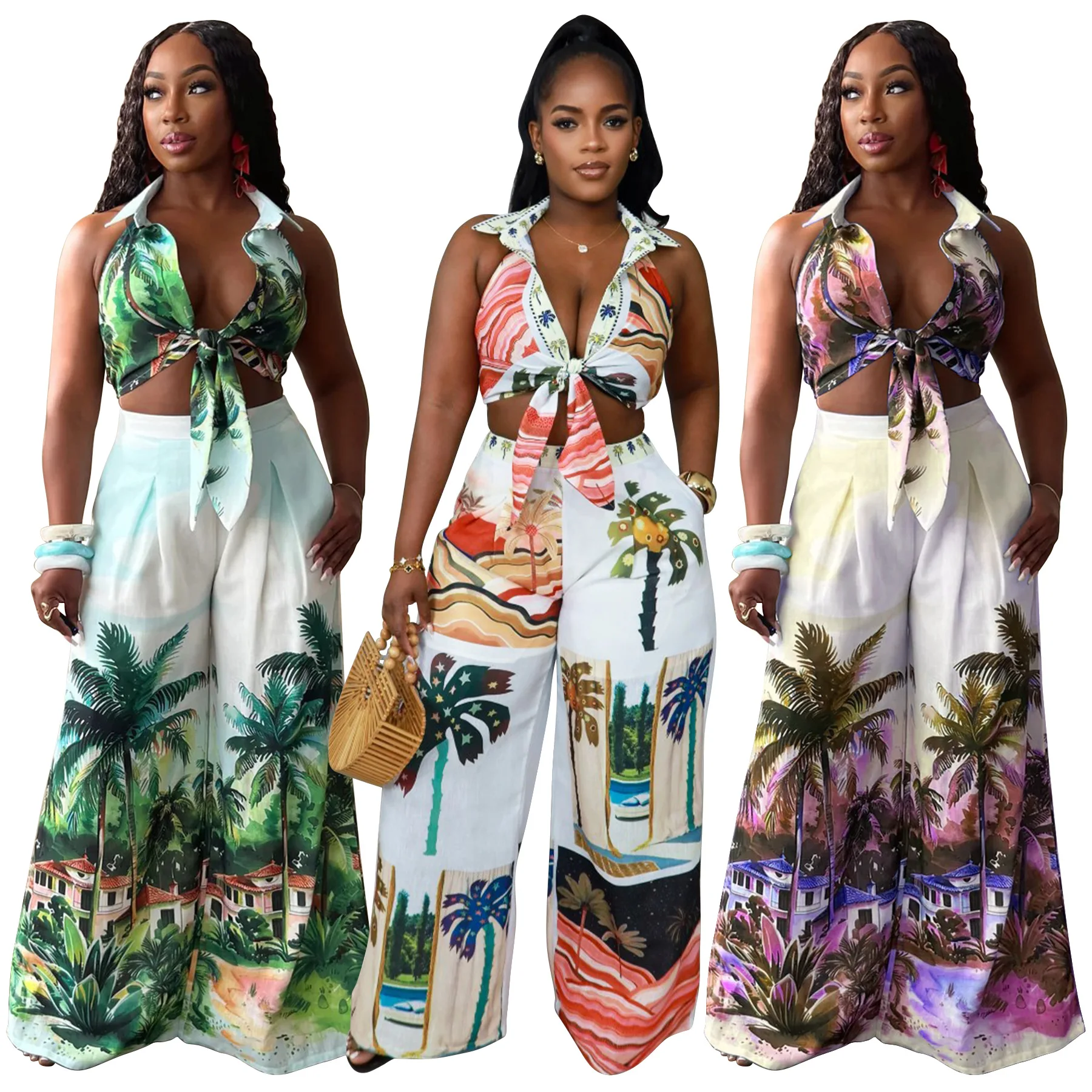 

Pant Set Women Two Piece Sets Turn Down Collar Matching Sets Print Tops Wide Leg Long Pants High Waist Y2k Streetwear Elegant