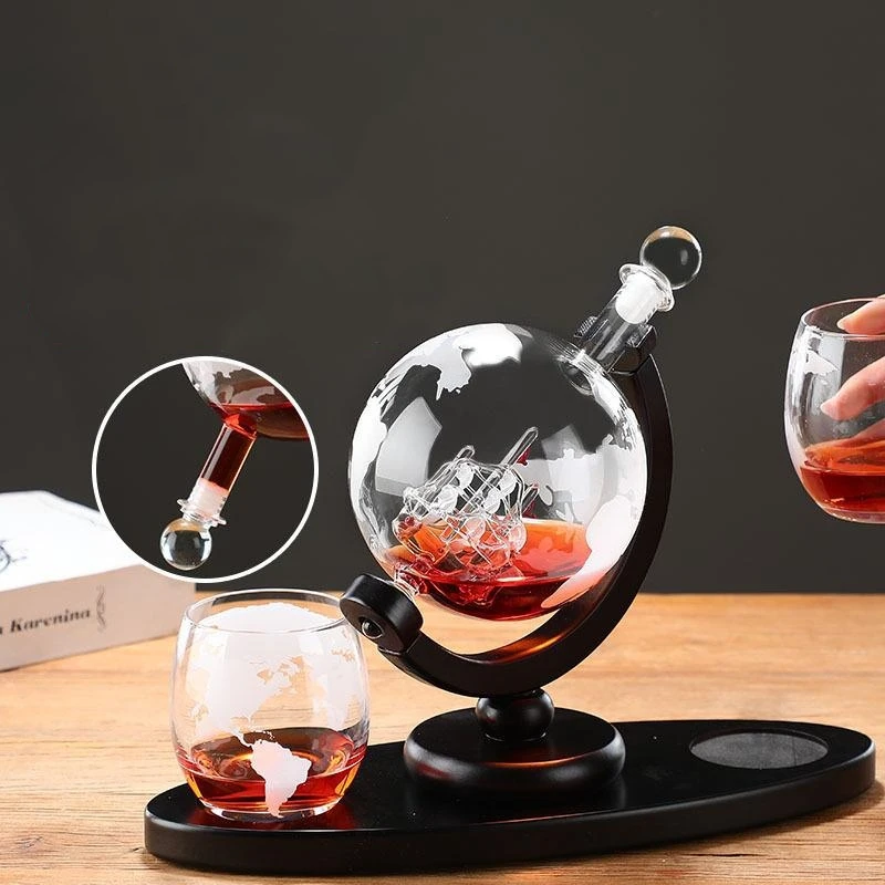1L Creative Globe Decanter Set with Lead-free Carafe Exquisite Wood-stand and 2 Whisky Glasses Whiskey Decanter