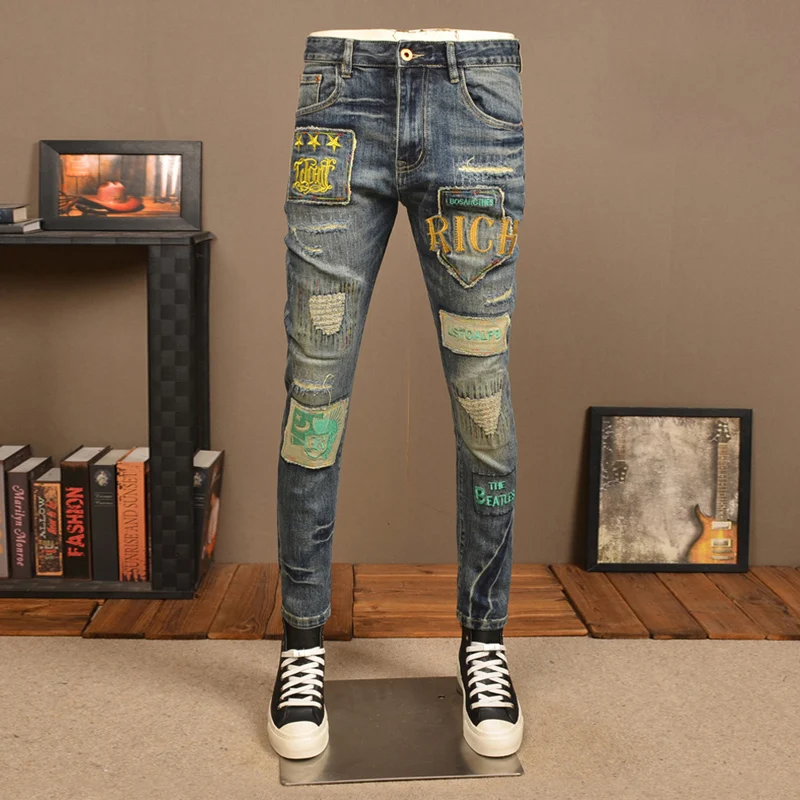 

Designer fashion new men's jeans stretch slim fit washed blue patch fabric embroidered letters jeans retro patchwork pants