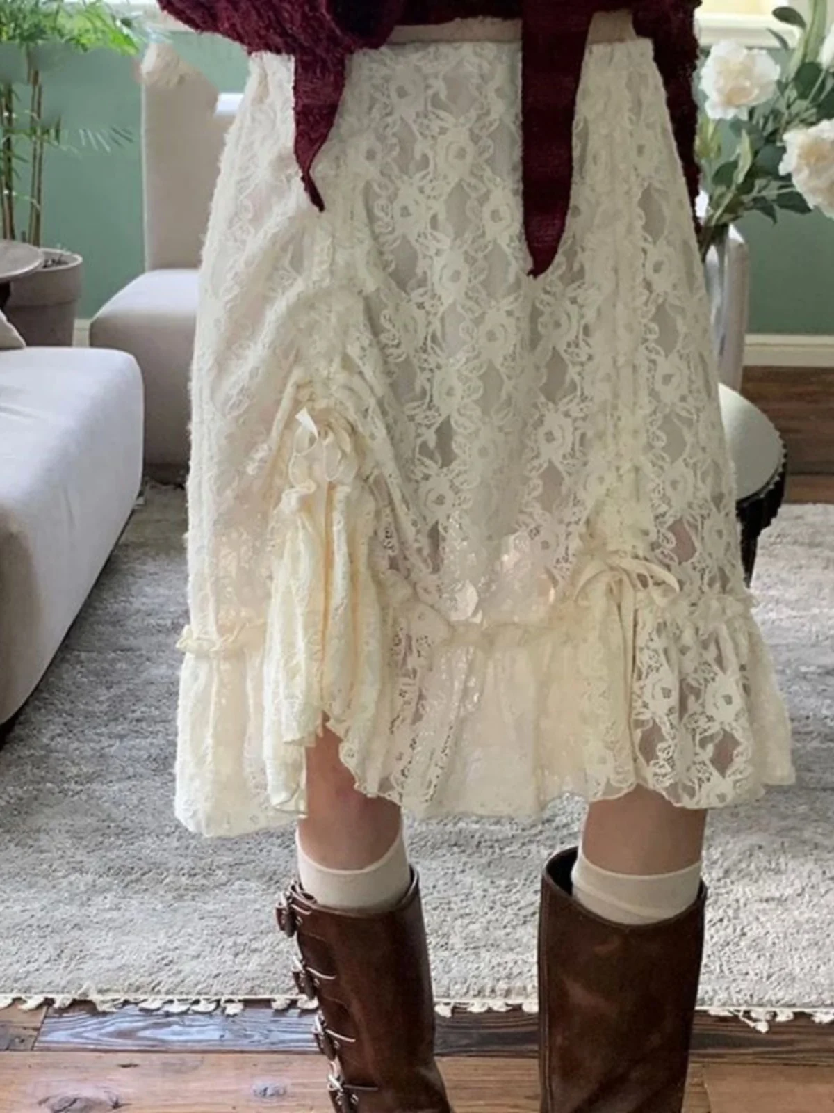 กระโปรงเอวต่ำ ผ้าโพลีเอสเตอร์ แต่งระบายลูกไม้สไตล์วินเทจ สำหรับผู้หญิงอายุ 8-24 ปี