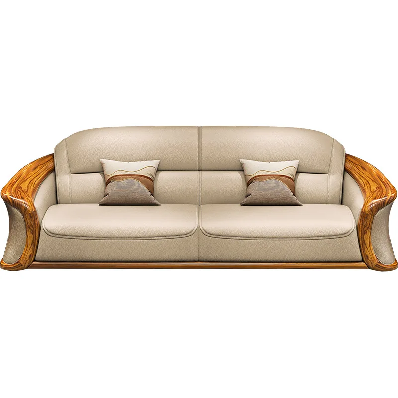 New Chinese ebony leather sofa first layer cowhide modern luxury high-end villa living room solid wood sofa combination
