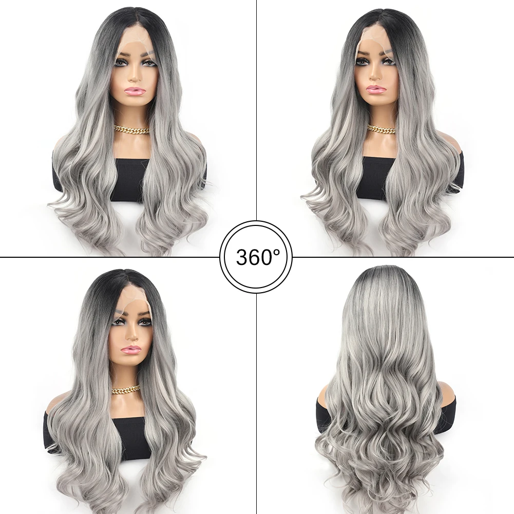 Peluca de encaje sintético de mezcla negra y gris ondulada de cuerpo largo de 26 pulgadas para mujeres pelucas resistentes al calor de línea de cabello Natural de encaje transparente 13 × 4