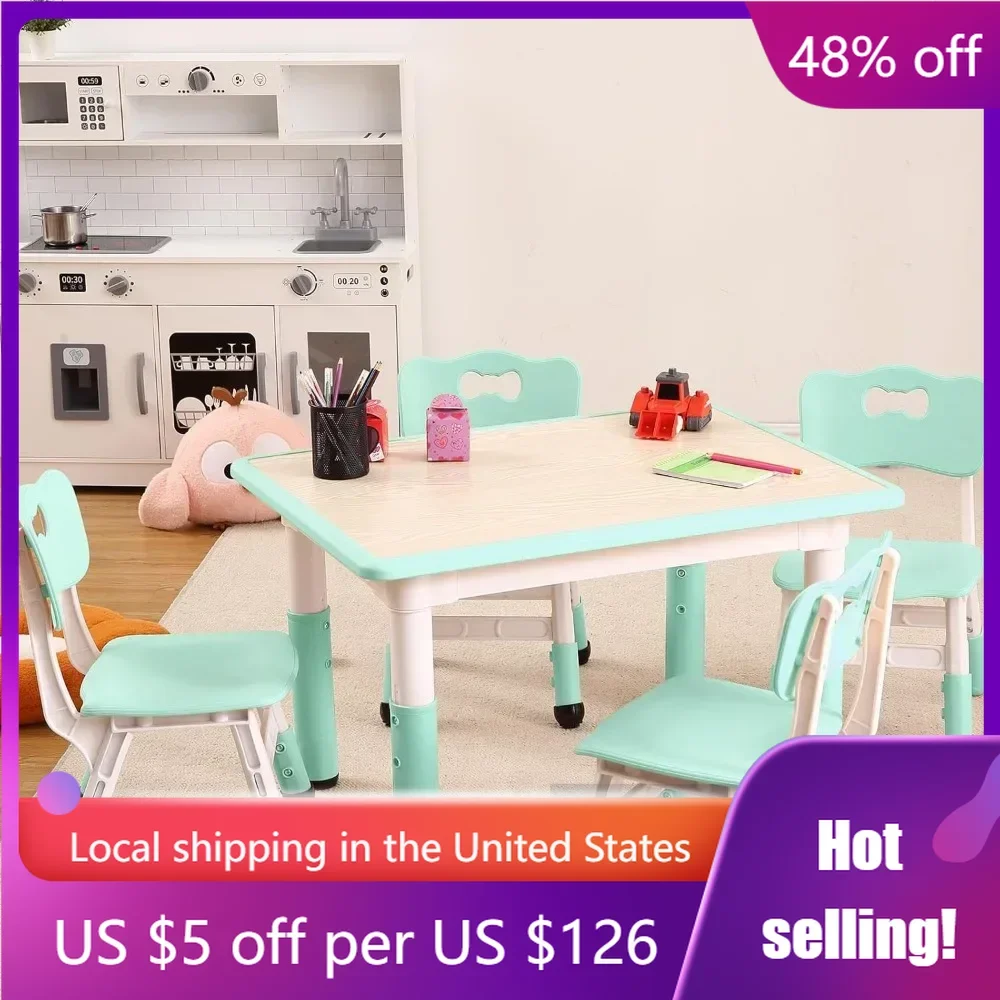 

Kids Table and Chairs Set,Height Adjustable Desk With 4 Seats for Ages 2-10,Graffiti Desktop,Multi-Activity Table for Classrooms