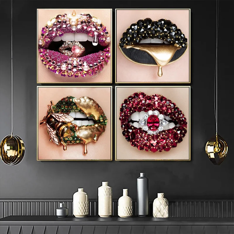 Sexy Drill Piercing Lips Canvas Painting Mouth Posters and Prints Modern Wall Art Decorative Picture for Living Room Home Decor