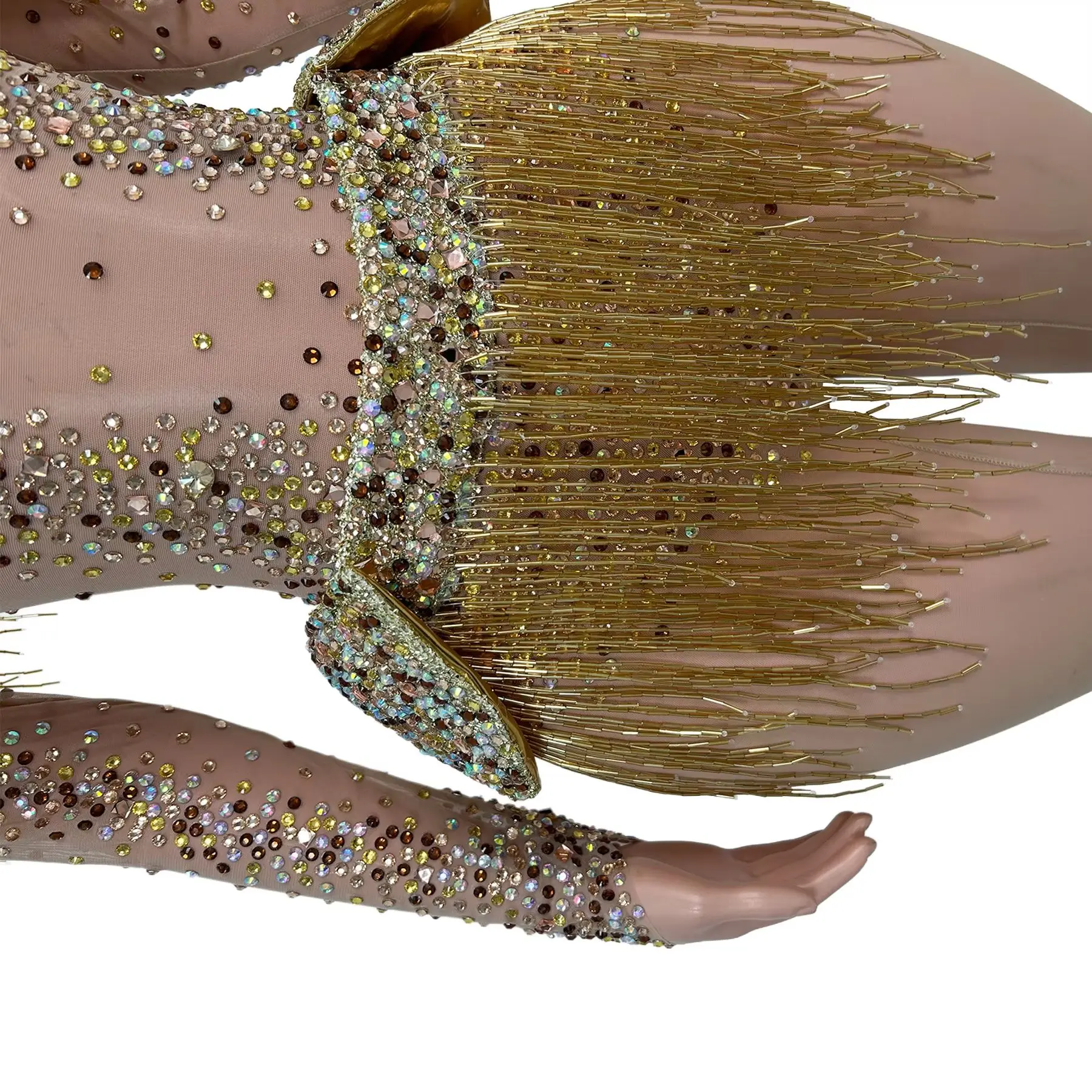 Women Gold Fringe Shoulder Pad Sparkly Rhinestone Mesh Bodysuit Long Sleeve Singer Dancer Drag Queen Performer Costume Jinboli
