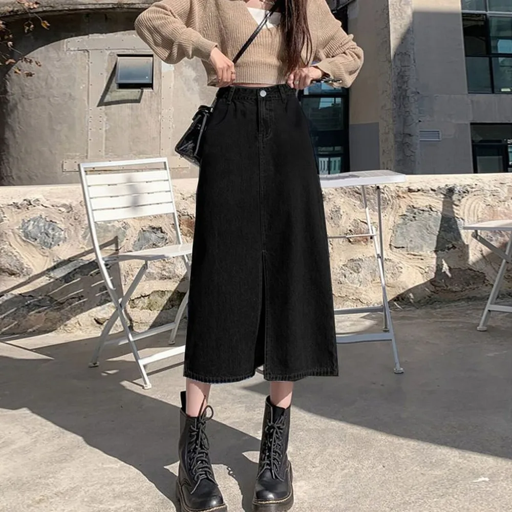 Sommer Damen High-Waist Retro A-Linien-Rock mit Taschen, Frontschlitz, gewaschener blauer Jeansrock, hüftbedeckender, gerader, langer Jeansrock – Detail 5