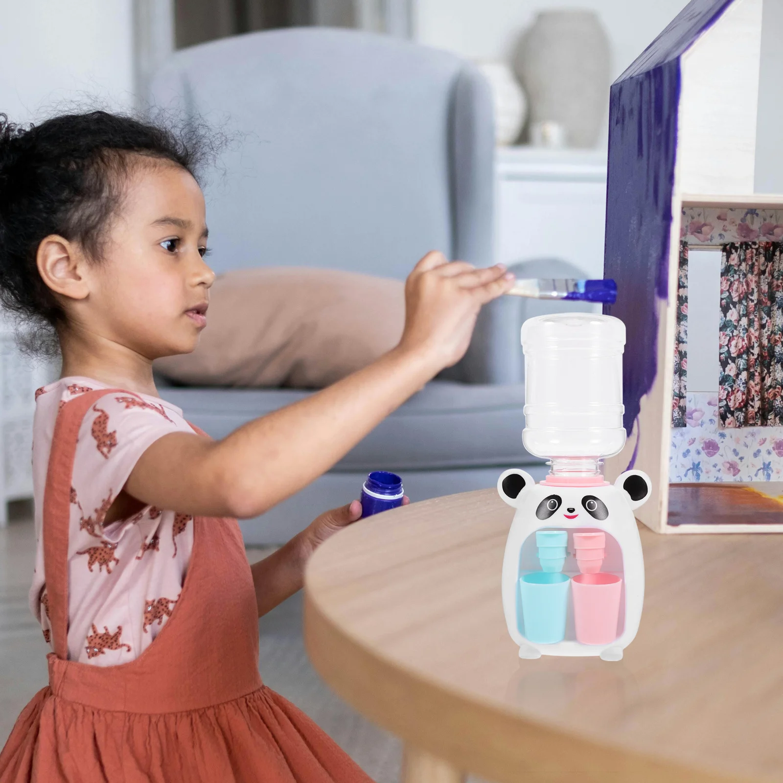 

Small Mini Water Dispenser Children Cute Panda Design Press Down Interactive Desktop Water Fountain Kids Pretend Toy