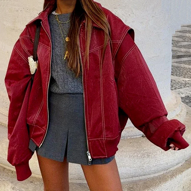 Retro Women Wine Red PU Jacket Autumn Winter Turn Down Collar Faux Leather Retro Motorcycle Coat Adjustable Cuffs Cardigan Tops