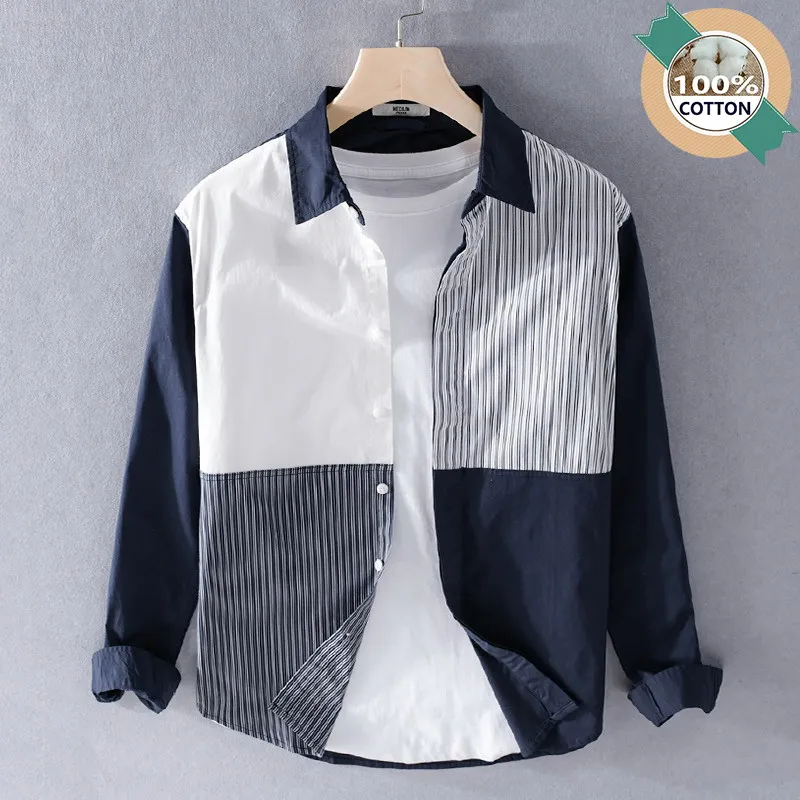 100% Cotton Men's Long Sleeved Shirt New Trendy Color Blocked Shirt Casual Artistic Fashionable Youth Striped Collar Top 9729