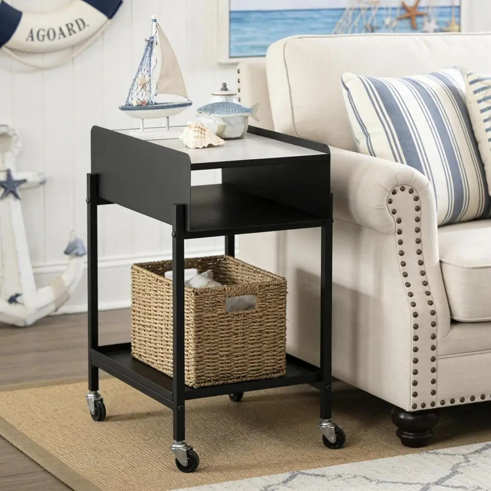 

3-Tier Rolling Nightstand with Marble Top for Bedroom, Living Room, and Office - Easy Assembly (Black)