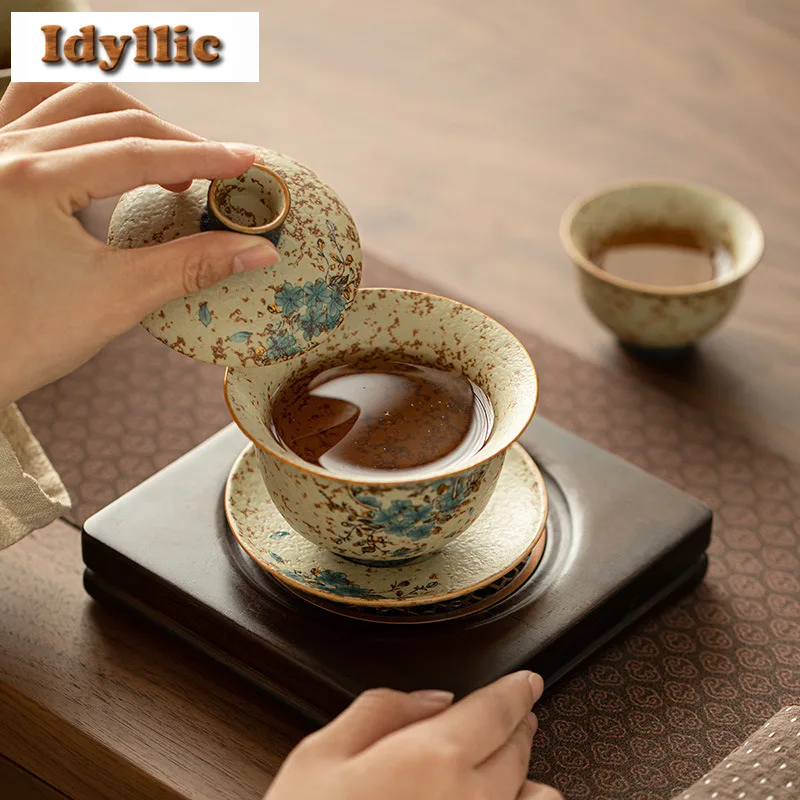 170 مللي تتبع الذهب الأزرق والأبيض النار الحجر الأحمر تحوم Gaiwan الفاخرة الشاي تورين وعاء الشاي مع غطاء عدة صانع الشاي غطاء السلطانية المقاهي #5