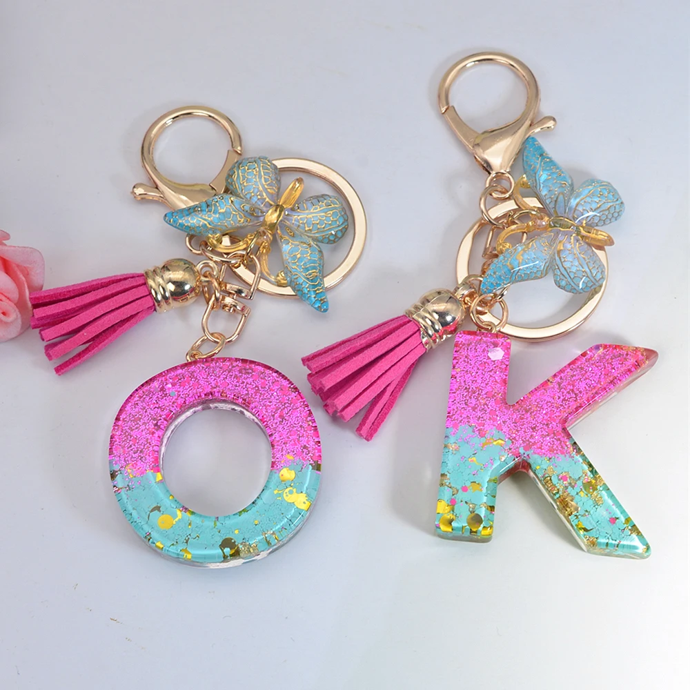 Pink Blue Color Letter Keychain Women Purse Decor Resin Sequin Initial Alphabet Key Rings With Tassel Butterfly For Couple Gifts