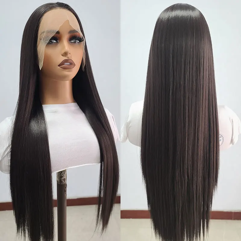 Bombshell Dark Brown Straight Synthetic 13X4 Lace Front Wig Glueless Top Quality Heat Resistant Fiber Natural Hairline For Women