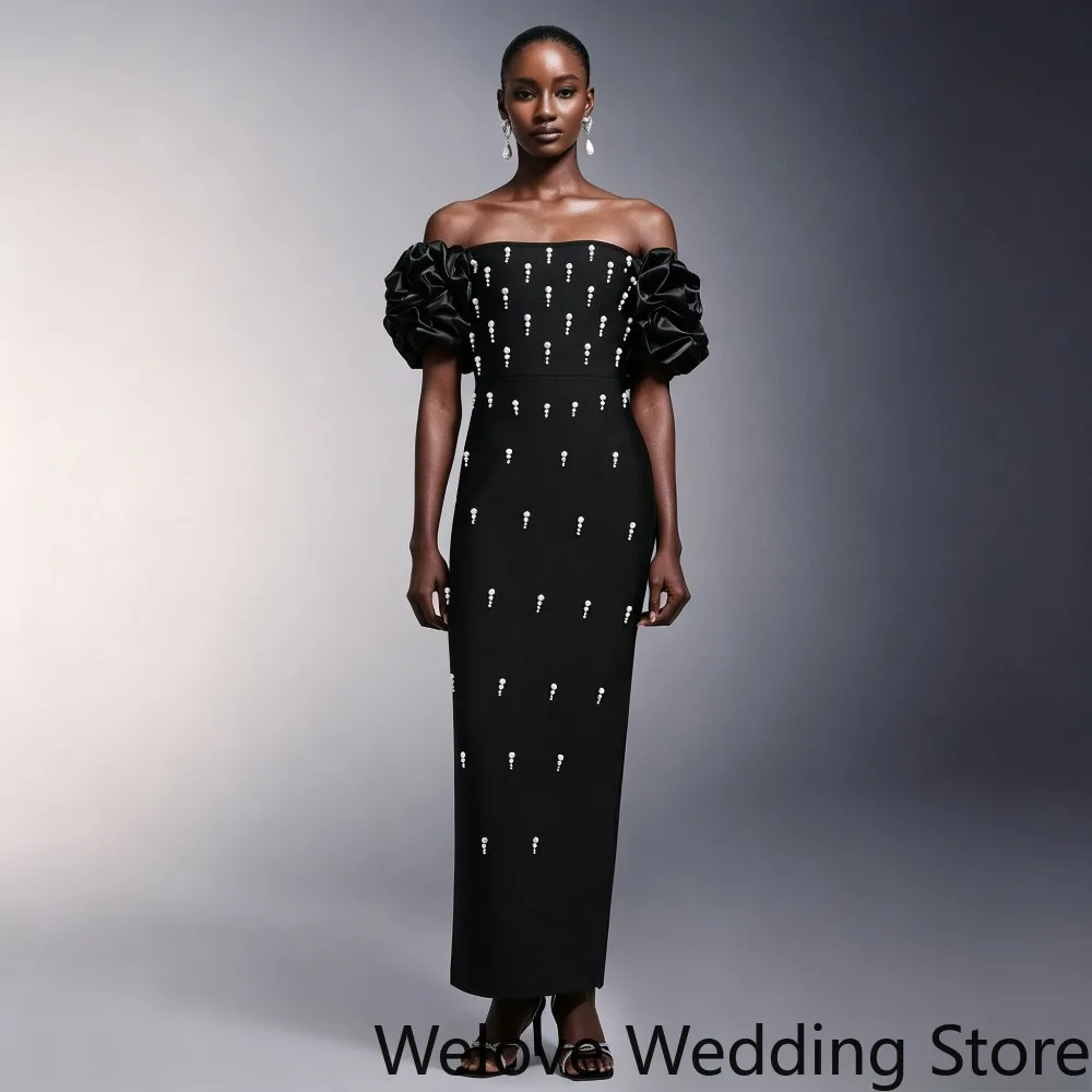 

Black Formal Cocktail Dress with Strapless Off-Shoulder Neckline Voluminous Puff Short Sleeve Vertical Rhinestone Embellishments