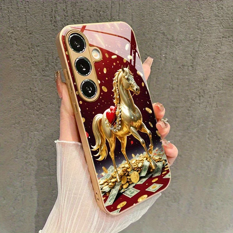Red Fortune Golden Horse Phone case s26 ultra case fashion Glass phone case for Samsung Galaxy s26/s25/s24/s23/s22 Ultra FE Plus