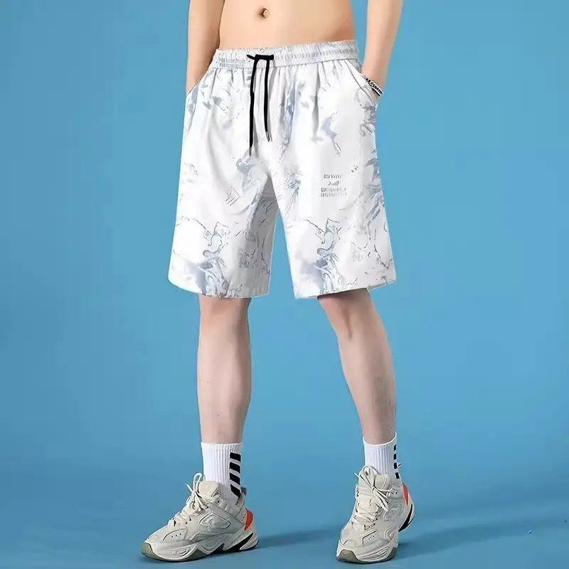 Large Size Elastic Thin Ice Silk Flower Shorts Men's Summer Trendy Casual Pants Loose Mesh Half Running Jogger Short Pants Men