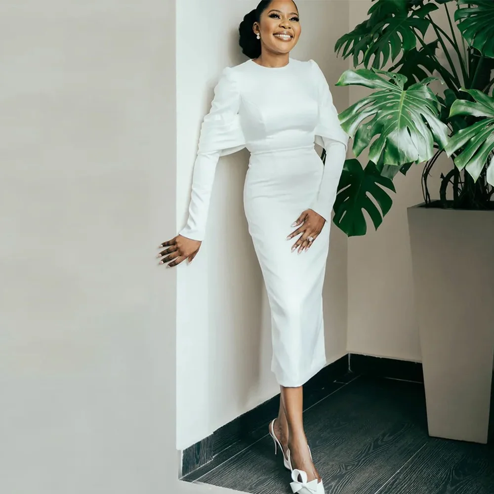 Vestidos de novia de salón de Arabia Saudita, vestidos de fiesta de boda con vaina/columna de satén, vestidos de invitados de boda plisados con cuello redondo de marfil Midi 2025