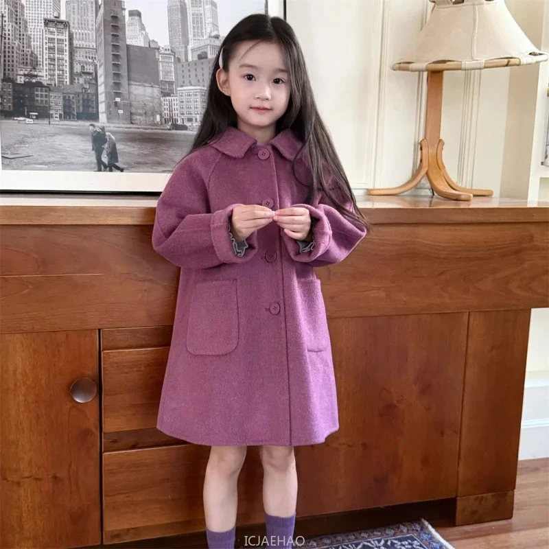 Teen Girl Clothes 2025 Children Vintage Wool Double Faced Girls Elegant Outerwear Costume Autumn Pink Purple Coat Kids Handmade