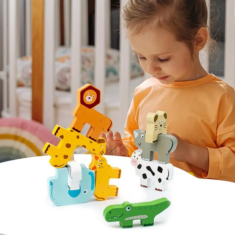 Wooden Animal Stacking Toys Wooden Building Blocks Stacking Toy Realistic Animal Image Learning Toy For Home Outdoors School