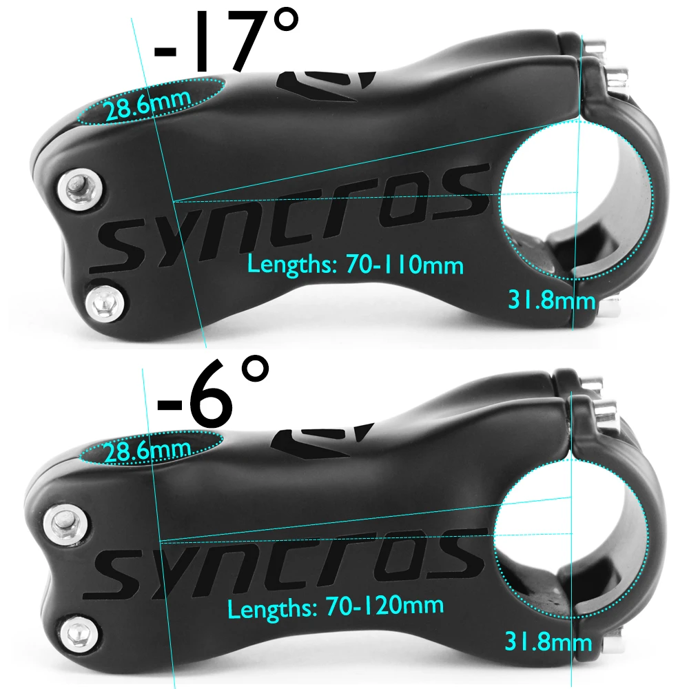SYNCROS T800 Carbon Fiber Alloy Cover MTB Road Stem -6°/-17° 31.8mm 28.6mm 70-120mm Half Matte Gloss Black Super Light Strong