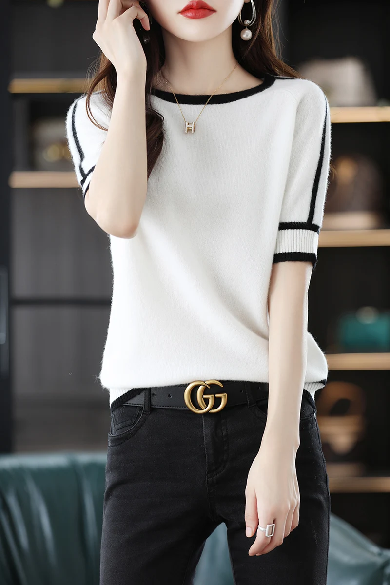 

100% Merino Wool Basic Fashion Sweater O-Neck Cashmere Women Pullover Clothing Short- Sleeve Comfort Soft Top Casual Solid