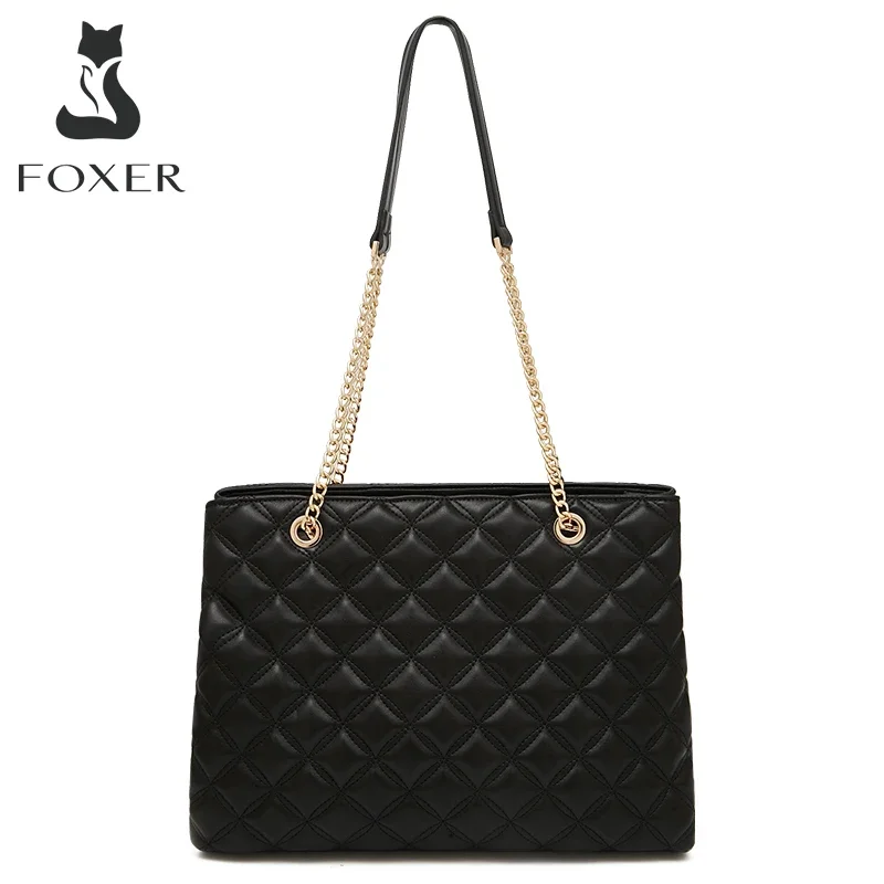 FOXER Women Chain Shoulder Bag Female High Quality Underarm Bag Fashion PU Leather Vintage Ladies Woman Simple Plaid Zipper Bags